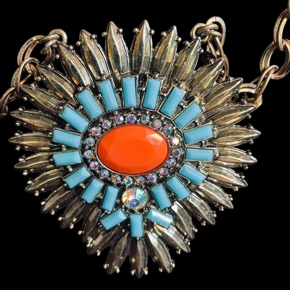 Reversible Statement Necklace Red Blue Orange Crystal Pendant Boho Festival - Picture 4 of 10
